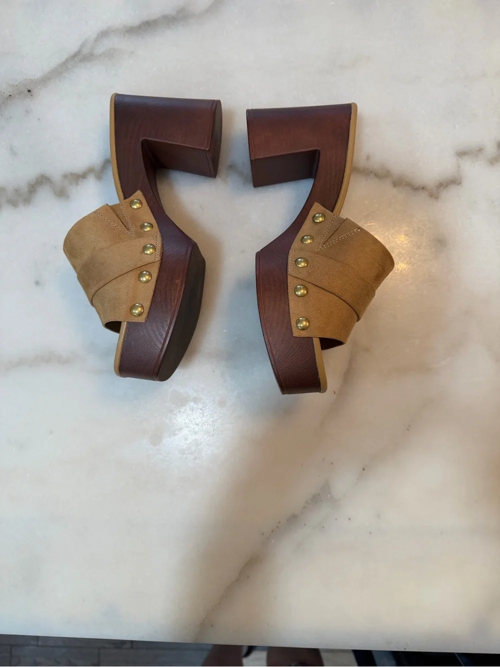 Jade Tan Suede Buckle Platform Mule